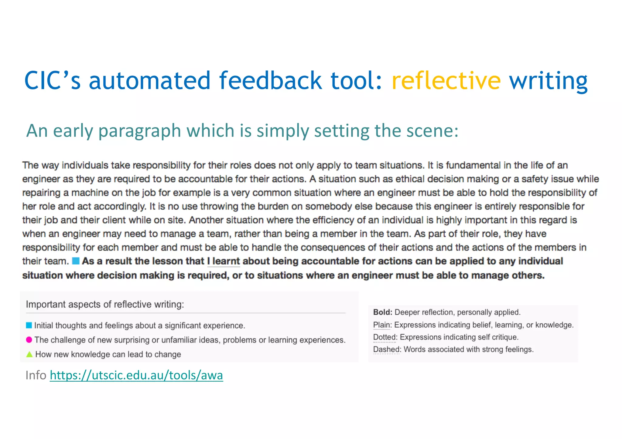 101
Highlighted sentences are colour-
coded according to their broad type
Sentences with Function Keys have
more precise functions (e.g. Novelty)
CIC’s automated feedback tool: analytical writing
 