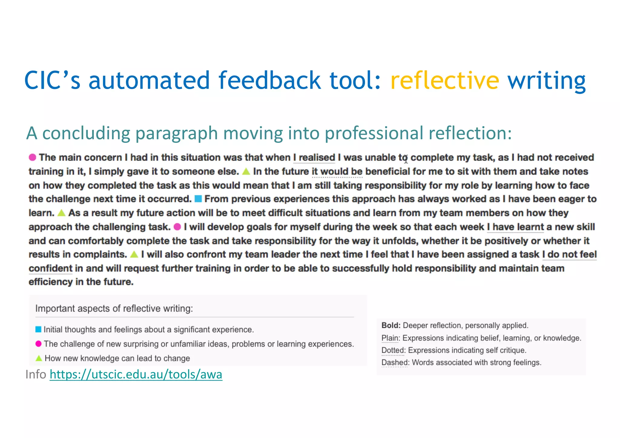 CIC’s automated feedback tool: reflective writing
An	early	paragraph	which	is	simply	setting	the	scene:
 