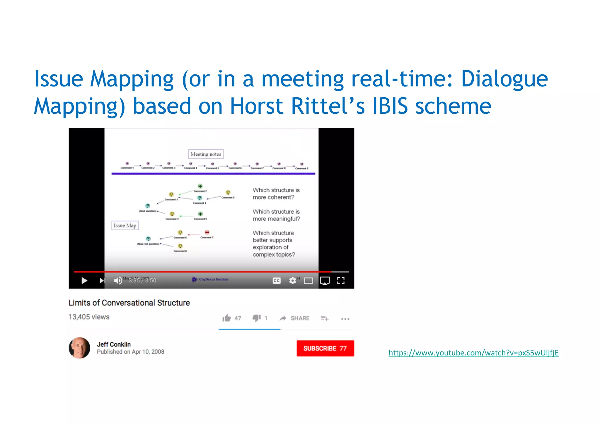 https://www.youtube.com/watch?v=pxS5wUljfjE
Issue Mapping (or in a meeting real-time: Dialogue
Mapping) based on Horst Rittel’s IBIS scheme
 