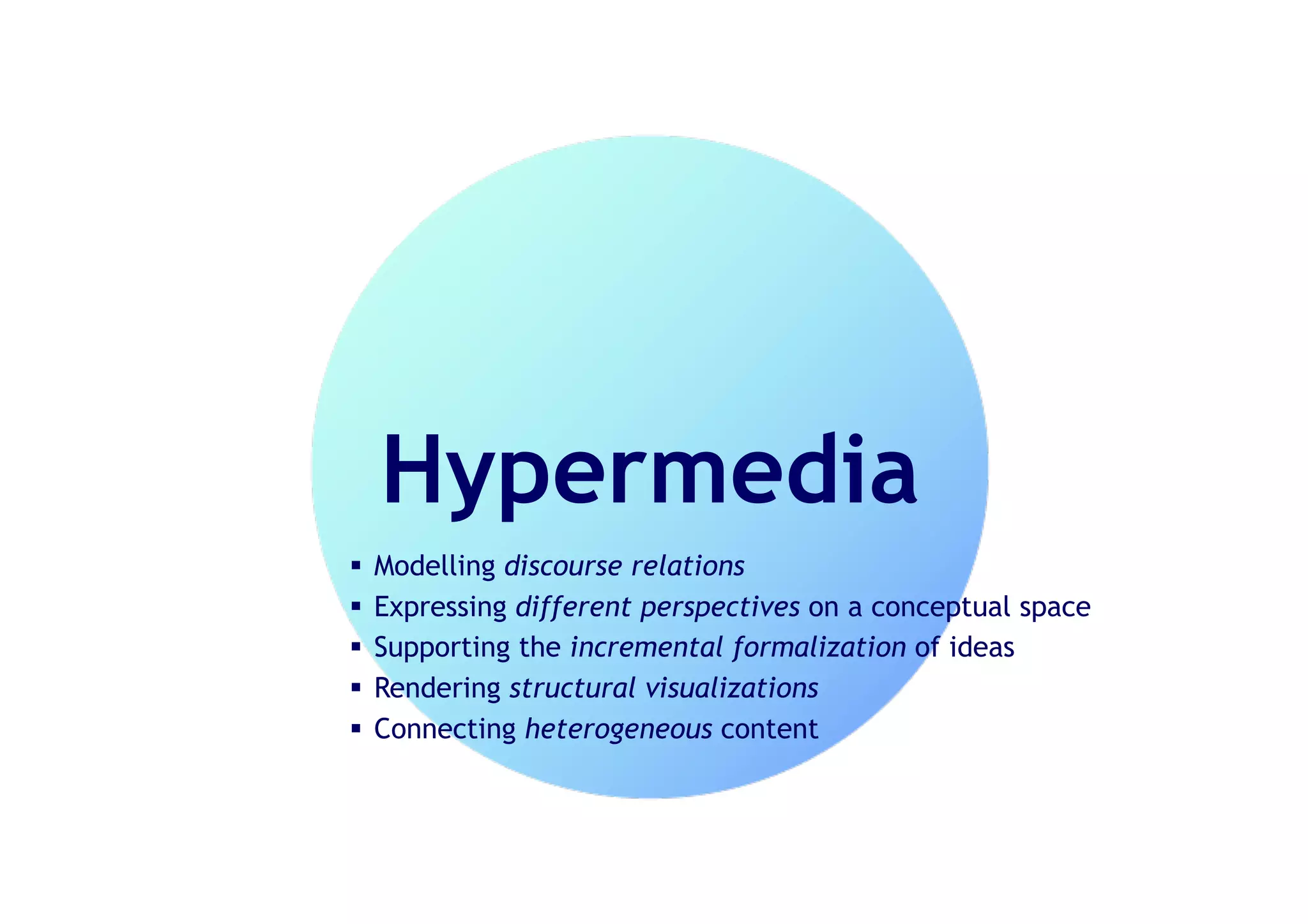 © Simon Buckingham Shum 7
Hypermedia
§ Modelling discourse relations
§ Expressing different perspectives on a conceptual space
§ Supporting the incremental formalization of ideas
§ Rendering structural visualizations
§ Connecting heterogeneous content
 