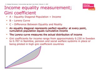 Income equality measurement; Gini coefficient A – Equality Diagonal Population = Income B – Lorenz Curve  C – Difference Between Equality and Reality  An equality diagonal represents perfect equality: at every point, cumulative population equals cumulative income The Lorenz curve measures the actual distribution of income Gini coefficients for income range from approximately 0.230 in Sweden to 0.707 in Namibia; pension and social welfare systems in place or being piloted in high gini coefficient countries  