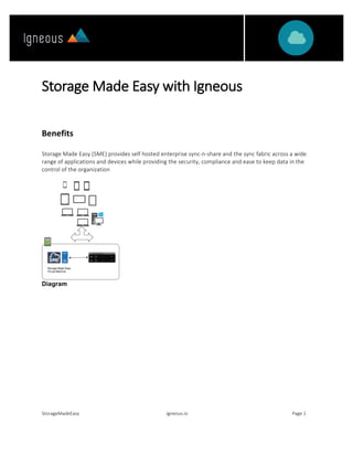 StorageMadeEasy	 	 	 igneous.io	 	 	 	 	 	Page	1	
	
	
Storage	Made	Easy	with	Igneous	
Benefits	
	
Storage	Made	Easy	(SME)	provides	self	hosted	enterprise	sync-n-share	and	the	sync	fabric	across	a	wide	
range	of	applications	and	devices	while	providing	the	security,	compliance	and	ease	to	keep	data	in	the	
control	of	the	organization		
	
	
Diagram
	
	
	
	
	
	
	
 
