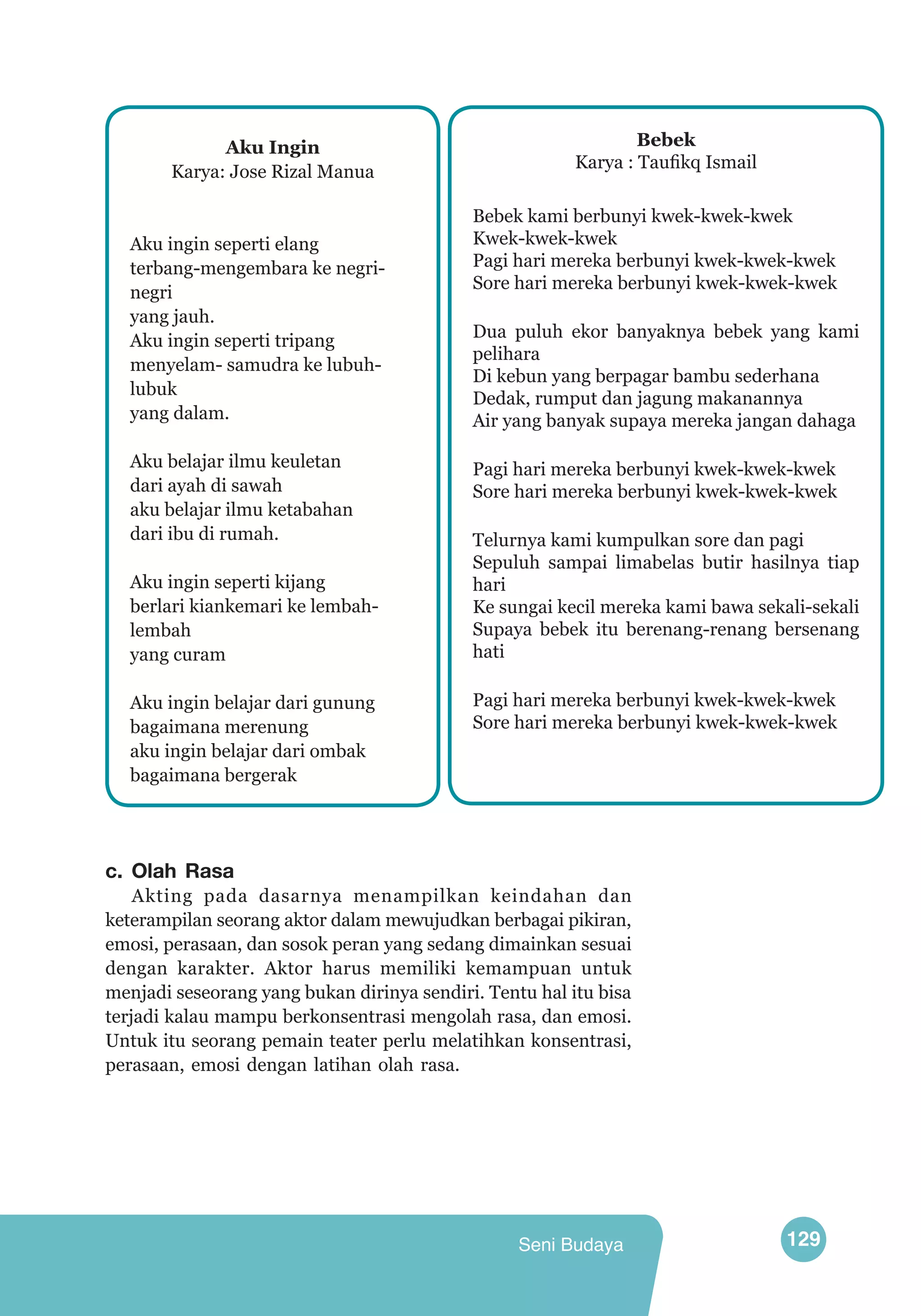 Aku Ingin
Karya: Jose Rizal Manua

Aku ingin seperti elang
terbang-mengembara ke negrinegri
yang jauh.
Aku ingin seperti tripang
menyelam- samudra ke lubuhlubuk
yang dalam.
Aku belajar ilmu keuletan
dari ayah di sawah
aku belajar ilmu ketabahan
dari ibu di rumah.
Aku ingin seperti kijang
berlari kiankemari ke lembahlembah
yang curam
Aku ingin belajar dari gunung
bagaimana merenung
aku ingin belajar dari ombak
bagaimana bergerak

Bebek
Karya : Taufikq Ismail
Bebek kami berbunyi kwek-kwek-kwek
Kwek-kwek-kwek
Pagi hari mereka berbunyi kwek-kwek-kwek
Sore hari mereka berbunyi kwek-kwek-kwek
Dua puluh ekor banyaknya bebek yang kami
pelihara
Di kebun yang berpagar bambu sederhana
Dedak, rumput dan jagung makanannya
Air yang banyak supaya mereka jangan dahaga
Pagi hari mereka berbunyi kwek-kwek-kwek
Sore hari mereka berbunyi kwek-kwek-kwek
Telurnya kami kumpulkan sore dan pagi
Sepuluh sampai limabelas butir hasilnya tiap
hari
Ke sungai kecil mereka kami bawa sekali-sekali
Supaya bebek itu berenang-renang bersenang
hati
Pagi hari mereka berbunyi kwek-kwek-kwek
Sore hari mereka berbunyi kwek-kwek-kwek

c.	 Olah Rasa

Akting pada dasarnya menampilkan keindahan dan
keterampil­ n seorang aktor dalam mewujudkan berbagai pikiran,
a
emosi, perasaan, dan sosok peran yang sedang dimainkan sesuai
dengan karakter. Aktor harus memiliki kemampuan untuk
menjadi seseorang yang bukan dirinya sendiri. Tentu hal itu bisa
terjadi kalau mampu berkonsentrasi mengolah rasa, dan emosi.
Untuk itu seorang pemain teater perlu melatihkan konsentrasi,
perasaan, emosi dengan latihan olah rasa.

Seni Budaya

129

 