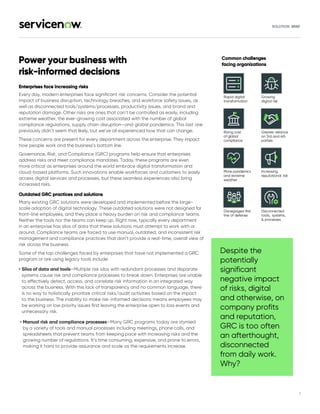 SOLUTION BRIEF
Power your business with
risk-informed decisions
Enterprises face increasing risks
Every day, modern enterprises face significant risk concerns. Consider the potential
impact of business disruption, technology breaches, and workforce safety issues, as
well as disconnected tools/systems/processes, productivity issues, and brand and
reputation damage. Other risks are ones that can’t be controlled as easily, including
extreme weather, the ever-growing cost associated with the number of global
compliance regulations, supply chain disruption—and global pandemics. This last one
previously didn’t seem that likely, but we’ve all experienced how that can change.
These concerns are present for every department across the enterprise. They impact
how people work and the business’s bottom line.
Governance, Risk, and Compliance (GRC) programs help ensure that enterprises
address risks and meet compliance mandates. Today, these programs are even
more critical as enterprises around the world embrace digital transformation and
cloud-based platforms. Such innovations enable workforces and customers to easily
access digital services and processes, but these seamless experiences also bring
increased risks.
Outdated GRC practices and solutions
Many existing GRC solutions were developed and implemented before the large-
scale adoption of digital technology. These outdated solutions were not designed for
front-line employees, and they place a heavy burden on risk and compliance teams.
Neither the tools nor the teams can keep up. Right now, typically every department
in an enterprise has silos of data that these solutions must attempt to work with or
around. Compliance teams are forced to use manual, outdated, and inconsistent risk
management and compliance practices that don’t provide a real-time, overall view of
risk across the business.
Some of the top challenges faced by enterprises that have not implemented a GRC
program or are using legacy tools include:
• Silos of data and tools—Multiple risk silos with redundant processes and disparate
systems cause risk and compliance processes to break down. Enterprises are unable
to effectively detect, access, and correlate risk information in an integrated way
across the business. With this lack of transparency and no common language, there
is no way to holistically prioritize critical risks/audit activities based on the impact
to the business. The inability to make risk-informed decisions means employees may
be working on low priority issues first leaving the enterprise open to loss events and
unnecessary risk.
• Manual risk and compliance processes—Many GRC programs today are stymied
by a variety of tools and manual processes including meetings, phone calls, and
spreadsheets that prevent teams from keeping pace with increasing risks and the
growing number of regulations. It’s time consuming, expensive, and prone to errors,
making it hard to provide assurance and scale as the requirements increase.
Despite the
potentially
significant
negative impact
of risks, digital
and otherwise, on
company profits
and reputation,
GRC is too often
an afterthought,
disconnected
from daily work.
Why?
Rapid digital
transformation
Rising cost
of global
compliance
More pandemics
and extreme
weather
Disnegaged first
line of defense
Growing
digital risk
Greater reliance
on 3rd and 4th
parties
Increasing
reputational risk
Disconnected
tools, systems,
& processes
Common challenges
facing organizations
1
 