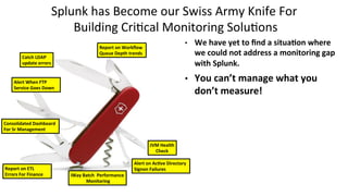 Splunk	
  has	
  Become	
  our	
  Swiss	
  Army	
  Knife	
  For	
  
	
  Building	
  Cri9cal	
  Monitoring	
  Solu9ons	
  	
  	
  	
  
•  We	
  have	
  yet	
  to	
  ﬁnd	
  a	
  situaCon	
  where	
  
we	
  could	
  not	
  address	
  a	
  monitoring	
  gap	
  
with	
  Splunk.	
  	
  	
  
•  You	
  can’t	
  manage	
  what	
  you	
  
don’t	
  measure!	
  
Catch	
  LDAP	
  	
  
update	
  errors	
  
Report	
  on	
  Workﬂow	
  	
  
Queue	
  Depth	
  trends	
  
Alert	
  When	
  FTP	
  	
  
Service	
  Goes	
  Down	
  
Report	
  on	
  ETL	
  
Errors	
  For	
  Finance	
  
Alert	
  on	
  AcCve	
  Directory	
  	
  
Signon	
  Failures	
  	
  
JVM	
  Health	
  
Check	
  
iWay	
  Batch	
  	
  Performance	
  
	
  Monitoring	
  
Consolidated	
  Dashboard	
  	
  
For	
  Sr	
  Management	
  
 