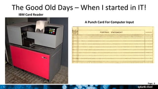 6	
  
Page:	
  	
  6	
  	
  
The	
  Good	
  Old	
  Days	
  –	
  When	
  I	
  started	
  in	
  IT!	
  
	
  A	
  Punch	
  Card	
  For	
  Computer	
  Input	
  
	
  IBM	
  Card	
  Reader	
  
 