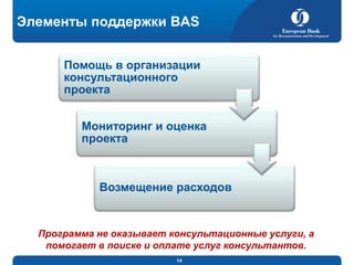 Элементы поддержки BAS
Помощь в организации
консультационного
проекта
Мониторинг и оценка
проекта

Возмещение расходов

Программа не оказывает консультационные услуги, а
помогает в поиске и оплате услуг консультантов.
14

 