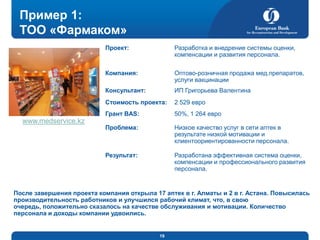 Пример 1:
ТОО «Фармаком»
Проект:

Компания:

Оптово-розничная продажа мед.препаратов,
услуги вакцинации

Консультант:

ИП Григорьева Валентина

Стоимость проекта:

2 529 евро

Грант BAS:

50%, 1 264 евро

Проблема:

Низкое качество услуг в сети аптек в
результате низкой мотивации и
клиентоориентированности персонала.

Результат:

www.medservice.kz

Разработка и внедрение системы оценки,
компенсации и развития персонала.

Разработана эффективная система оценки,
компенсации и профессионального развития
персонала.

После завершения проекта компания открыла 17 аптек в г. Алматы и 2 в г. Астана. Повысилась
производительность работников и улучшился рабочий климат, что, в свою
очередь, положительно сказалось на качестве обслуживания и мотивации. Количество
персонала и доходы компании удвоились.

19

 