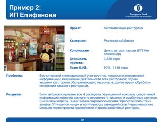 Пример 2:
ИП Епифанова
Проект:

Автоматизация ресторана

Компания:

Ресторанный бизнес

Консультант:

Центр автоматизации (ИП Ким
Александр)

Стоимость
проекта:

3 236 евро

Грант BAS:

50%, 1 618 евро

Проблема:

Бухгалтерский и операционный учет вручную, недостаток оперативной
информации о ежедневной деятельности всех ресторанов; случаи
хищения со стороны обслуживающего персонала, долгое время обработки
клиентских заказов в ресторанах.

Результат:

Были автоматизированы все 4 ресторана. Улучшенный контроль оперативной
информации позволил исключить вероятность хищения и ошибочных расчетов.
Снизились затраты. Значительно сократилось время обработки клиентских
заказов. Улучшился имидж и популярность заведений сети. Через несколько
месяцев после проекта предприятие открыло свой пятый ресторан.

20

 