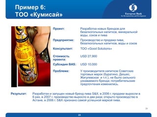 Пример 6:
ТОО «Кумисай»
Проект:

Предприятие:

Производство и продажа пива,
безалкогольных напитков, воды и соков

Консультант:

ТОО «Good Solutions»

Стоимость
проекта:

USD 27,900

Субсидия BAS:

USD 10,000

Проблема:

Результат:

Разработка новых брендов для
безалкогольных напитков, минеральной
воды, соков и пива

У производителя напитков Советских
торговых марок (Буратино, Дюшес,
Жигулевское и т.п.), не было сильного
узнаваемого бренда; потребительские
предпочтения изменились.

Разработан и запущен новый бренд пива S&X; в 2006 г. продажи выросли в
6 раз, в 2007 г. производство выросло в два раза; открыто производство в
Астане, в 2006 г. S&X признано самой успешной маркой пива.
23

23

 