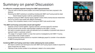 Summary on panel Discussion
It is difficult to completely separate Fuzzing from SBST approaches/tools:
- They are used to ...