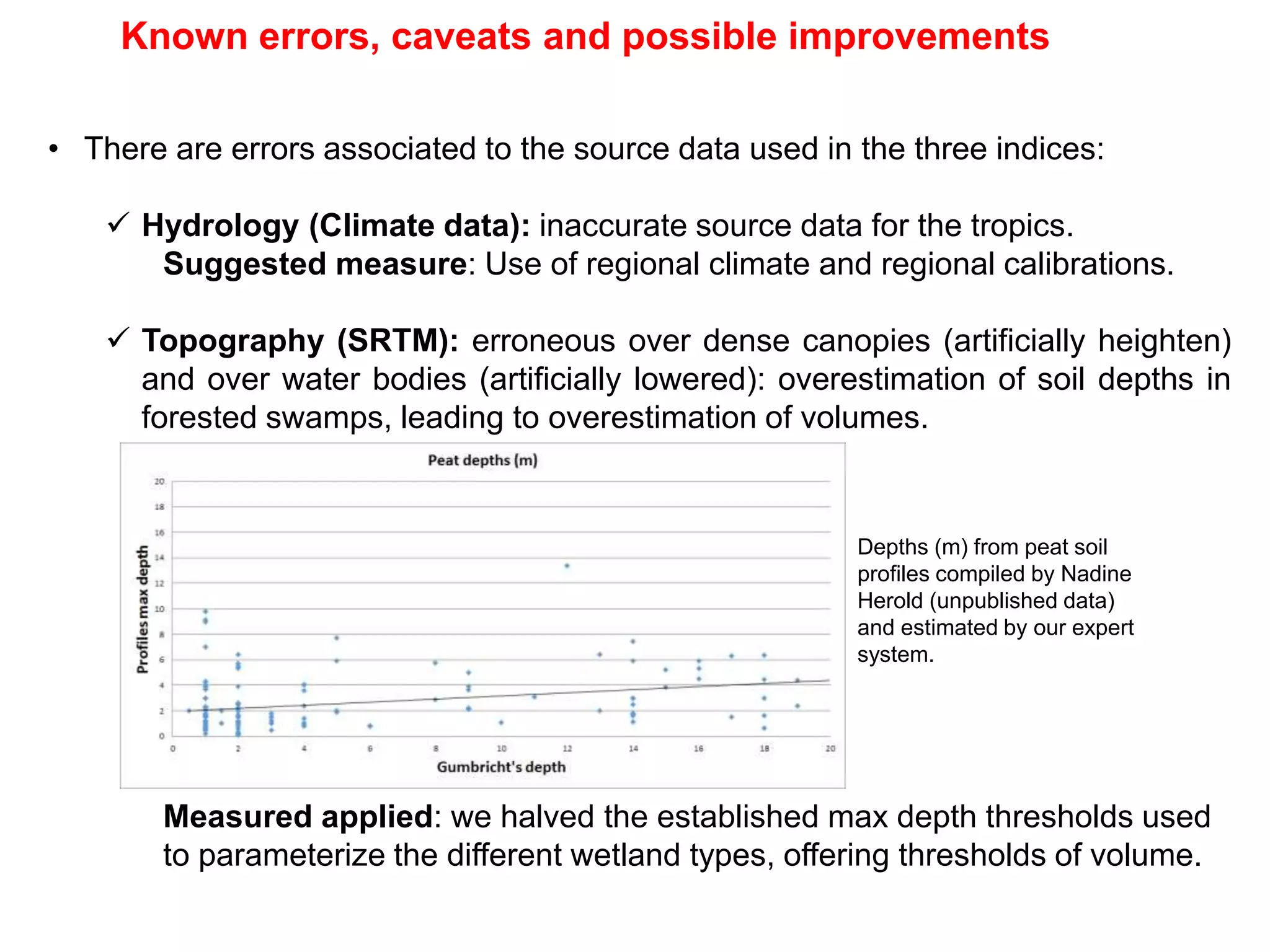 Known errors, caveats and possible improvements
• There are errors associated to the source data used in the three indices:
 Hydrology (Climate data): inaccurate source data for the tropics.
Suggested measure: Use of regional climate and regional calibrations.
 Topography (SRTM): erroneous over dense canopies (artificially heighten)
and over water bodies (artificially lowered): overestimation of soil depths in
forested swamps, leading to overestimation of volumes.
Measured applied: we halved the established max depth thresholds used
to parameterize the different wetland types, offering thresholds of volume.
Depths (m) from peat soil
profiles compiled by Nadine
Herold (unpublished data)
and estimated by our expert
system.
 