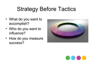 Strategy Before Tactics
• What do you want to
  accomplish?
• Who do you want to
  influence?
• How do you measure
  success?
 