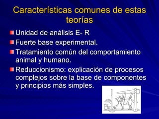 Características comunes de estas teorías Unidad de análisis E- R Fuerte base experimental. Tratamiento común del comportamiento animal y humano.  Reduccionismo: explicación de procesos complejos sobre la base de componentes y principios más simples. 