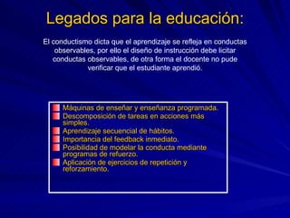 Legados para la educación: Máquinas de enseñar y enseñanza programada. Descomposición de tareas en acciones más simples. Aprendizaje secuencial de hábitos. Importancia del feedback inmediato. Posibilidad de modelar la conducta mediante programas de refuerzo. Aplicación de ejercicios de repetición y reforzamiento. El conductismo dicta que el aprendizaje se refleja en conductas observables, por ello el diseño de instrucción debe licitar conductas observables, de otra forma el docente no pude verificar que el estudiante aprendió. 