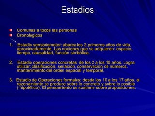 Estadios Comunes a todos las personas Cronológicos 1.  Estadio sensoriomotor: abarca los 2 primeros años de vida, aproximadamente. Las nociones que se adquieren: espacio, tiempo, causalidad, función simbólica. 2.  Estadio operaciones concretas: de los 2 a los 10 años. Logra utilizar: clasificación, seriación, conservación de números, mantenimiento del orden espacial y temporal. 3.  Estadio de Operaciones formales: desde los 10 a los 17 años. el razonamiento se produce sobre lo concreto y sobre lo posible ( hipotético). El pensamiento se sostiene sobre proposiciones. 