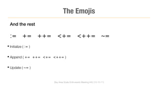 The Emojis
  And the rest

  := += ++= <+= <++= ~=
• Initialize ( := )


• Append ( += ++= <+= <++= )


• Update ( ~= )



                      Bay Area Scala Enthusiasts Meeting #42 (10-10-11)
 