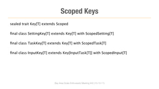 Scoped Keys
sealed trait Key[T] extends Scoped

ﬁnal class SettingKey[T] extends Key[T] with ScopedSetting[T]

ﬁnal class TaskKey[T] extends Key[T] with ScopedTask[T]

ﬁnal class InputKey[T] extends Key[InputTask[T]] with ScopedInput[T]




                          Bay Area Scala Enthusiasts Meeting #42 (10-10-11)
 