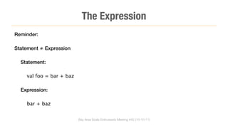 The Expression
Reminder:

Statement ≠ Expression

  Statement:

    val foo = bar + baz

  Expression:

    bar + baz


                          Bay Area Scala Enthusiasts Meeting #42 (10-10-11)
 