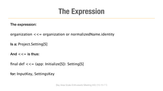 The Expression
The expression:

organization <<= organization or normalizedName.identity

Is a: Project.Setting[S]

And <<= is thus:

ﬁnal def <<= (app: Initialize[S]): Setting[S]

for: InputKey, SettingsKey


                             Bay Area Scala Enthusiasts Meeting #42 (10-10-11)
 