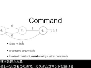 Command
• State State
• processed sequentially
• low-level construct; avoid making custom commands
逐次処理される
低レベルなものなので、カスタム...