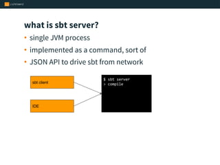 • single JVM process
• implemented as a command, sort of
• JSON API to drive sbt from network
what is sbt server?
 