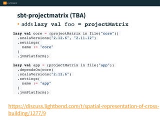 sbt-projectmatrix (TBA)
• adds lazy val foo = projectMatrix
lazy val core = (projectMatrix in file("core"))
.scalaVersions("2.12.6", "2.11.12")
.settings(
name := "core"
)
.jvmPlatform()
lazy val app = (projectMatrix in file("app"))
.dependsOn(core)
.scalaVersions("2.12.6")
.settings(
name := "app"
)
.jvmPlatform()
https://discuss.lightbend.com/t/spatial-representation-of-cross-
building/1277/9
 