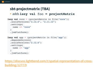 sbt-projectmatrix (TBA)
• adds lazy val foo = projectMatrix
lazy val core = (projectMatrix in file("core"))
.scalaVersions...