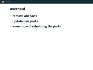 overhaul
• remove old parts
• update new parts
• know-how of rebuilding the parts
 