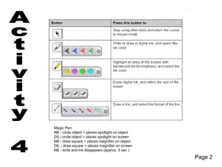Magic Pen:
NB - circle object = places spotlight on object
DIL- circle object = places spotlight on screen
NB - draw square = places magnifier on object
DIL - draw square = places magnifier on screen
NB - write and ink disappears (approx. 5 sec )

                                                  Page 2
 
