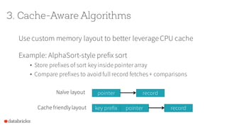 3. Cache-Aware Algorithms
Use custom memory layout to better leverageCPU cache
Example: AlphaSort-style prefix sort
• Stor...