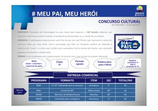 # MEU PAI, MEU HERÓI
ENTREGA COMERCIAL
PROPOSTA: Pensando em homenagear os pais nessa data especial, o SBT Brasília elaborou um
concurso cultural que poderá envolver o Facebook do patrocinador ou a criação de um hotsite.
DINÂMICA: O participante deverá enviar uma foto do pai com o(s) filho(s) que represente o tema do
concurso: Meu pai, meu herói. Caso a promoção seja feita no Facebook, poderá ser utilizada a
mecânica de “curtis”, e a foto mais curtida será a vencedora. Se for através do hotsite, uma comissão
julgadora irá escolher a melhor foto.
PRÊMIO: a ser combinado com o patrocinador, de acordo com o seu serviço ou produto oferecido.
Deadline:
considerar 15
dias p/
produção do VT
Período:
agosto
Público-alvo:
pais e filhos
Cotas:
01
Base para valoração: Rotativo e Programa Inside
CONCURSO CULTURAL
DIA DOS PAIS – 11 DE AGOSTO
Mídia de
apoio
Mídia
Cham. + merchan +
comercial de apoio
INSIDE Chamadas para o prograna Assinatura 5” 40
INFORMAÇÕES COMERCIAIS
PROGRAMA FORMATO ITEM SEC TOTAL/INS
RAEL VT 25” chamando para o concurso Assinatura 5” 50
RAEL Comercial 30” Mídia avulsa 30” 20
INSIDE Merchan da Rafaela Dornas Merchan 60” 04
 