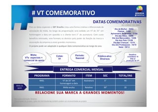 # VT COMEMORATIVO
ENTREGA COMERCIAL MENSAL
Para as datas especiais o SBT Brasília criou uma forma criativa e diferenciada de
veiculação de mídia. Ao longo da programação será exibido um VT de 25” em
homenagem a data em questão e o cliente terá 5” de assinatura. Com custo
benefício otimizado, este formato se destaca pelo poder de fixação da marca e
associação da empresa a esses grandes momentos.
O projeto pode ser adaptado à qualquer data comemorativa ao longo do ano.
INFORMAÇÕES COMERCIAIS
PROGRAMA FORMATO ITEM SEC TOTAL/INS
RAEL VT de 25” em
homenagem a data
Assinatura 5” 40
RAEL Mídia avulsa Rotativo 30” 20
Mídia de
apoio
Deadline:
considerar 15
dias p/
produção do VT
Período:
Sazonal
Público-alvo:
Diversos
Cotas:
01
Dia da Mulher - 08/03
Páscoa - 31/03
Aniversário de Brasília - 21/04
Dia das Mães - 12/05
Dia dos Namorados - 12/06
Dia dos Pais - 11/08
Dia das Crianças - 12/10
Dia dos Professores - 15/10
Natal - 25/12
Base para valoração: Rotativo
Flexibilidade do projeto: ações de merchandising também podem ser acrescentadas ao projeto
DATAS COMEMORATIVAS
AO LONGO DO ANO
Mídia:
VTs especiais +
comercial de apoio
 