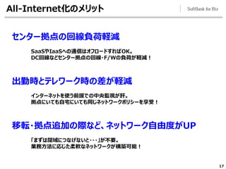 All-Internet化のメリット
17
センター拠点の回線負荷軽減
SaaSやIaaSへの通信はオフロードすればOK。
DC回線などセンター拠点の回線・F/Wの負荷が軽減！
出勤時とテレワーク時の差が軽減
インターネットを使う前提での中央監視が肝。
拠点にいても自宅にいても同じネットワークポリシーを享受！
移転・拠点追加の際など、ネットワーク自由度がUP
「まずは閉域につなげないと・・・」が不要。
業務方法に応じた柔軟なネットワークが構築可能！
 