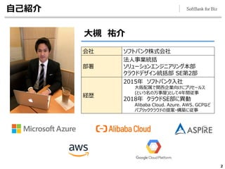 自己紹介
2
会社 ソフトバンク株式会社
部署
法人事業統括
ソリューションエンジニアリング本部
クラウドデザイン統括部 SE第2部
経歴
2015年 ソフトバンク入社
大阪配属で関西企業向けにプリセールス
(という名の万事屋)として4年間従事
2018年 クラウドSE部に異動
Alibaba Cloud、Azure、AWS、GCPなど
パブリッククラウドの提案・構築に従事
大槻 祐介
 
