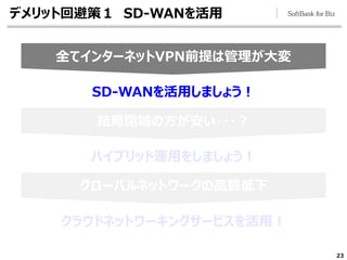 23
結局閉域の方が安い・・・？
グローバルネットワークの品質低下
全てインターネットVPN前提は管理が大変
デメリット回避策１ SD-WANを活用
SD-WANを活用しましょう！
ハイブリッド運用をしましょう！
クラウドネットワーキングサービスを活用！
 