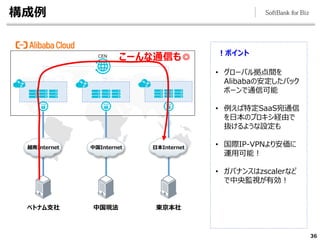 構成例
36
！ポイント
• グローバル拠点間を
Alibabaの安定したバック
ボーンで通信可能
• 例えば特定SaaS宛通信
を日本のプロキシ経由で
抜けるような設定も
• 国際IP-VPNより安価に
運用可能！
• ガバナンスはzscalerなど
で中央監視が有効！
東京本社
CEN
中国現法
ベトナム支社
日本Internet
中国Internet
越南Internet
こーんな通信も◎
 