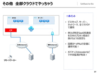 その他 全部クラウドでやっちゃう
37
！ポイント
• デスクトップ、サーバー、
ネットワーク、全てクラウド
で運用
• 例えば特定SaaS宛通信
を日本のプロキシ経由で
抜けるような設定も
• 国際IP-VPNより安価に
運用可能！
• ガバナンスはzscalerなど
で中央監視が有効！
WVD サーバー
CP
日本Internet
リモートワーカー
海外Internet
 