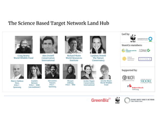 The Science Based Target Network Land Hub
Craig Beatty
World Wildlife Fund
Alex Zvoleff
Conservation
International
Richard Waite
World Resources
Institute
Lyndsey Dowell
The Nature
Conservancy
Morgan
Gillespy
FOLU - WRI
Supported by:
Scarlett
Benson
FOLU – WRI
(secondment)
Marco Daldoss
Pirri,
FOLU -
Systemiq
Led by:
SteerCo members:
Amelia Meyer
World Wildlife
Fund
Alessandro
Passaro
FOLU -
Systemiq
Jordan Rogan
Conservation
International
 