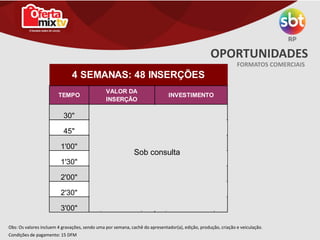FORMATOS COMERCIAIS
OPORTUNIDADES
Obs: Os valores incluem 4 gravações, sendo uma por semana, cachê do apresentador(a), edição, produção, criação e veiculação.
Condições de pagamento: 15 DFM
TEMPO
VALOR DA
INSERÇÃO
INVESTIMENTO
30" 177,00R$ 8.496,00R$
45" 242,00R$ 11.616,00R$
1'00" 265,00R$ 12.720,00R$
1'30" 335,00R$ 16.080,00R$
2'00" 402,00R$ 19.296,00R$
2'30" 460,00R$ 22.080,00R$
3'00" 519,00R$ 24.912,00R$
4 SEMANAS: 48 INSERÇÕES
Sob consulta
 