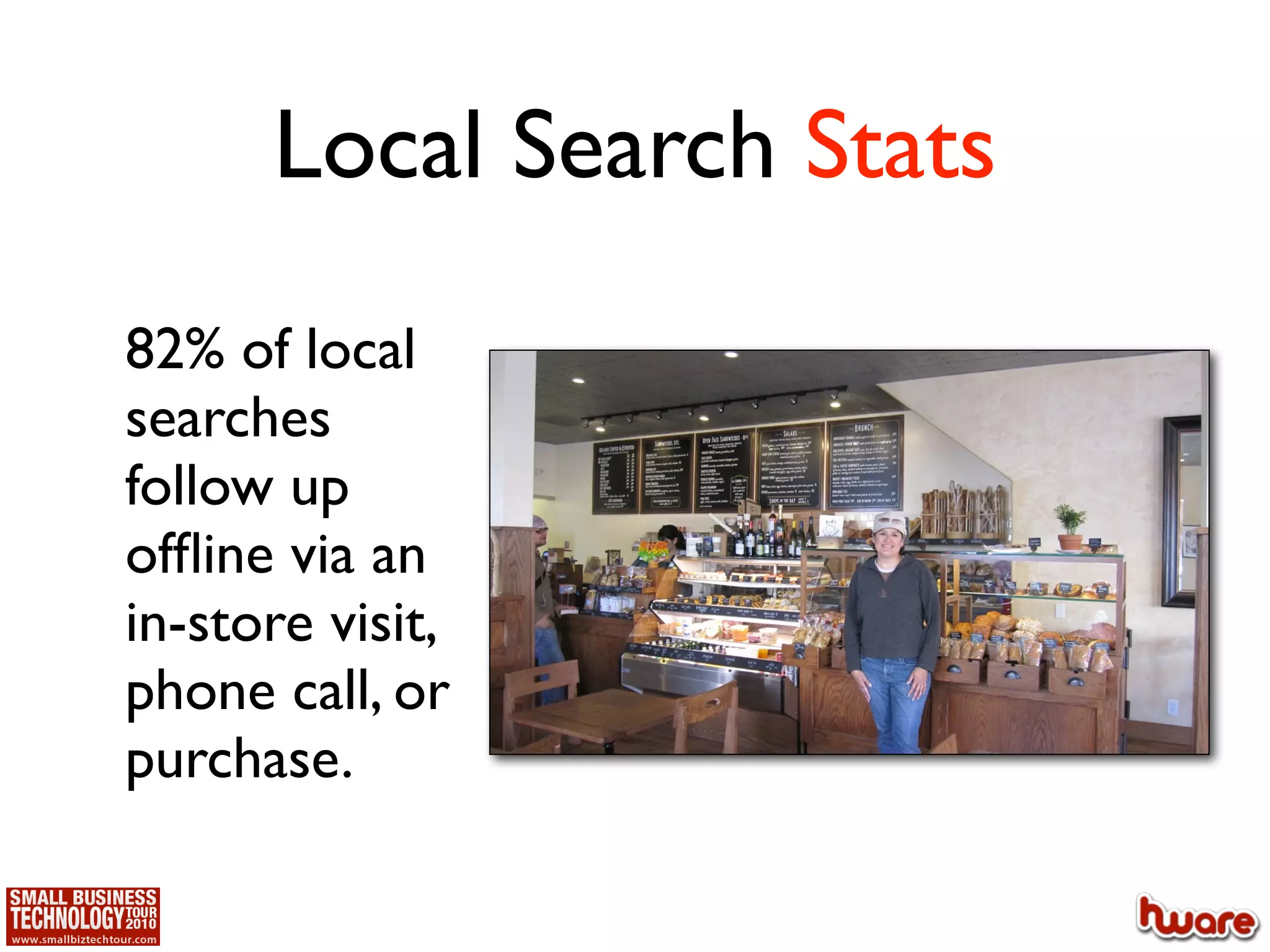 Local Search Stats
82% of local
searches
follow up
ofﬂine via an
in-store visit,
phone call, or
purchase.
 