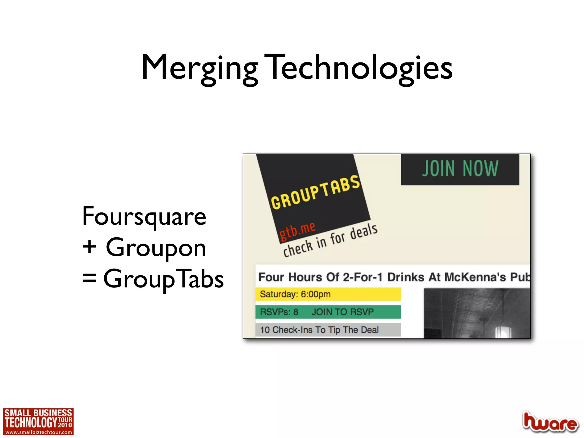 Merging Technologies



Foursquare
+ Groupon
= GroupTabs
 