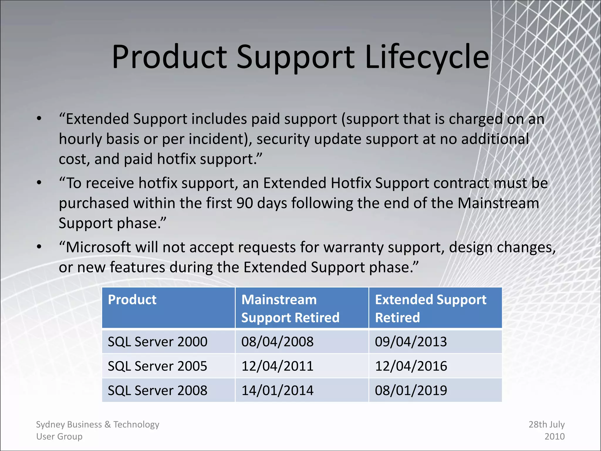 Product Support Lifecycle
• “Extended Support includes paid support (support that is charged on an
  hourly basis or per incident), security update support at no additional
  cost, and paid hotfix support.”
• “To receive hotfix support, an Extended Hotfix Support contract must be
  purchased within the first 90 days following the end of the Mainstream
  Support phase.”
• “Microsoft will not accept requests for warranty support, design changes,
  or new features during the Extended Support phase.”
                Product           Mainstream        Extended Support
                                  Support Retired   Retired
                SQL Server 2000   08/04/2008        09/04/2013
                SQL Server 2005   12/04/2011        12/04/2016
                SQL Server 2008   14/01/2014        08/01/2019

Sydney Business & Technology                                           28th July
User Group                                                                2010
 