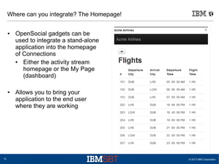 © 2013 IBM Corporation12
Where can you integrate? The Homepage!
● OpenSocial gadgets can be
used to integrate a stand-alone
application into the homepage
of Connections
● Either the activity stream
homepage or the My Page
(dashboard)
● Allows you to bring your
application to the end user
where they are working
 