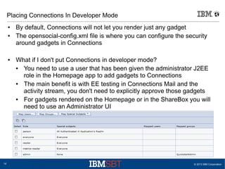 © 2013 IBM Corporation14
Placing Connections In Developer Mode
● By default, Connections will not let you render just any gadget
● The opensocial-config.xml file is where you can configure the security
around gadgets in Connections
● What if I don't put Connections in developer mode?
● You need to use a user that has been given the administrator J2EE
role in the Homepage app to add gadgets to Connections
● The main benefit is with EE testing in Connections Mail and the
activity stream, you don't need to explicitly approve those gadgets
● For gadgets rendered on the Homepage or in the ShareBox you will
need to use an Administrator UI
 