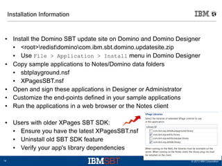 Installation Information

●

●

●
●
●

●

14

Install the Domino SBT update site on Domino and Domino Designer
●
<root>redistdominocom.ibm.sbt.domino.updatesite.zip
●
Use File > Application > Install menu in Domino Designer
Copy sample applications to Notes/Domino data folders
●
sbtplayground.nsf
●
XPagesSBT.nsf
Open and sign these applications in Designer or Administrator
Customize the end-points defined in your sample applications
Run the applications in a web browser or the Notes client
Users with older XPages SBT SDK:
●
Ensure you have the latest XPagesSBT.nsf
●
Uninstall old SBT SDK feature
●
Verify your app's library dependencies
© 2013 IBM Corporation

 