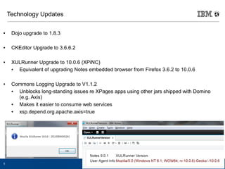 Technology Updates
●

Dojo upgrade to 1.8.3

●

CKEditor Upgrade to 3.6.6.2

●

●

5

XULRunner Upgrade to 10.0.6 (XPiNC)
●
Equivalent of upgrading Notes embedded browser from Firefox 3.6.2 to 10.0.6
Commons Logging Upgrade to V1.1.2
●
Unblocks long-standing issues re XPages apps using other jars shipped with Domino
(e.g. Axis)
●
Makes it easier to consume web services
●
xsp.depend.org.apache.axis=true

© 2013 IBM Corporation

 