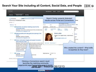 Search Your Site including all Content, Social Data, and People

Search Center presents federated
results across Portal and Connections

Who created the content? What skills
& expertise do they have?

Clicking a Connections search result
launches the matching community
page/portal page/Connections page to render
IBM SBT Webinar
item details

06/12/13

 