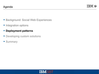 Agenda



Background: Social Web Experiences



Integration options



Deployment patterns



Developing custom solutions



Summary

 