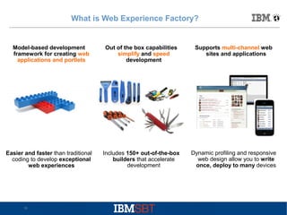 What is Web Experience Factory?

Model-based development
framework for creating web
applications and portlets

Easier and faster than traditional
coding to develop exceptional
web experiences

33

Out of the box capabilities
simplify and speed
development

Supports multi-channel web
sites and applications

Includes 150+ out-of-the-box
builders that accelerate
development

Dynamic profiling and responsive
web design allow you to write
once, deploy to many devices

 